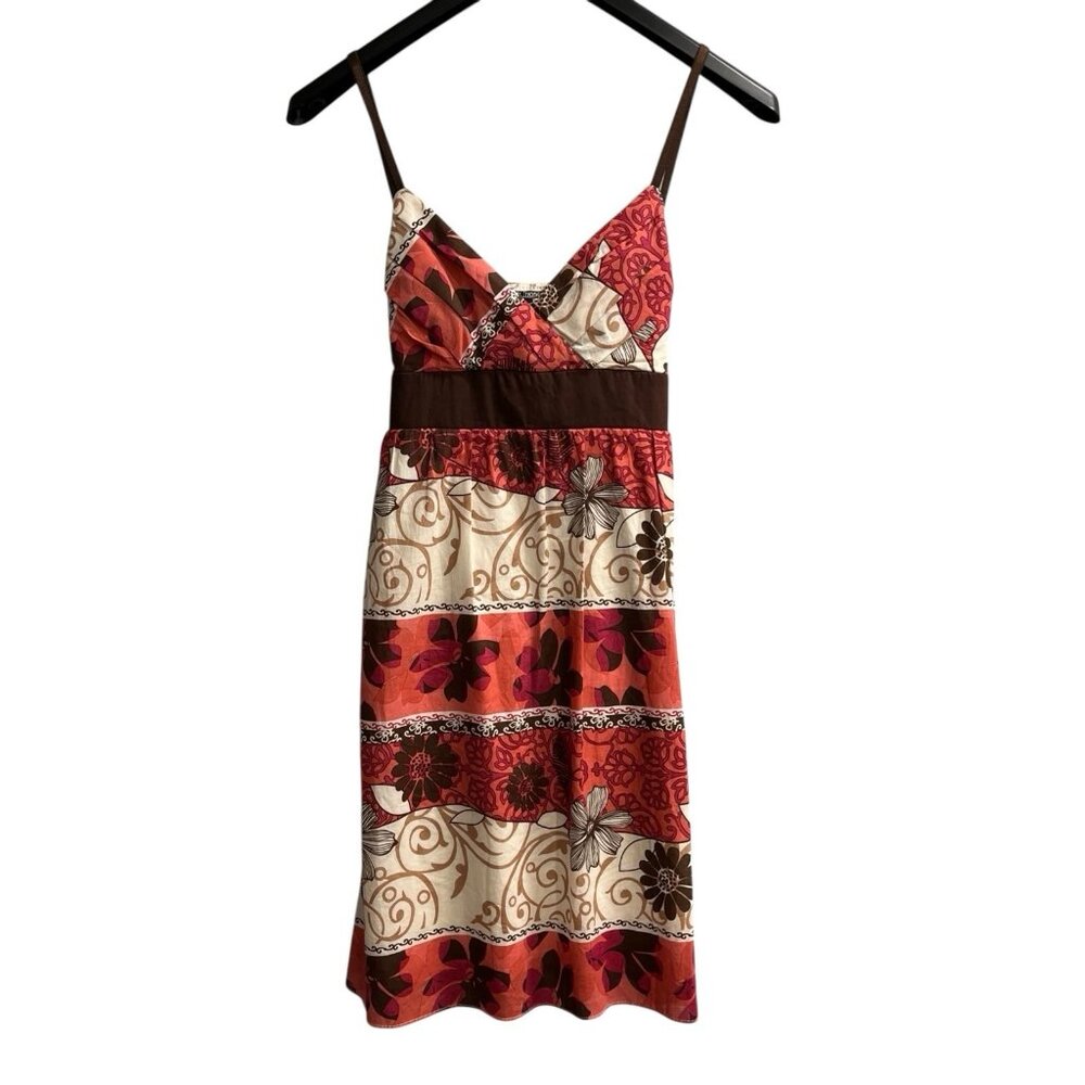 Vintage Y2K City Triangles Dress Women 7/8 Brown Floral Babydoll Boho Hippie 70s